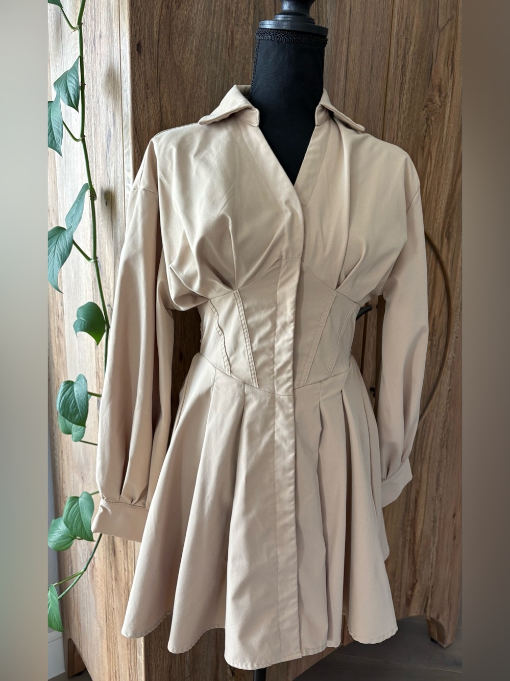 SHEIN Cream Shirt Dress with Fitted Waist